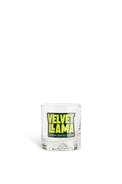 Velvet Llama logo rocks glass