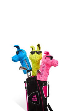 All three Velvet Llama llama golf head covers on clubs