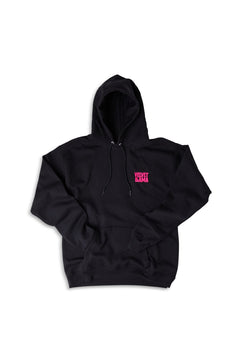 Black Velvet Llama embroidered hoodie, folded arms