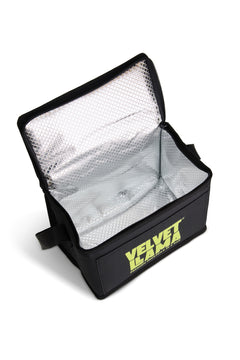 Velvet Llama cooler bag open, showing insulated lining