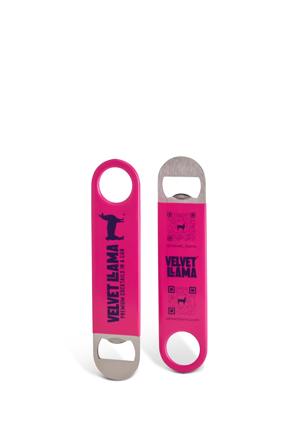Magenta Velvet Llama bottle opener, front and back