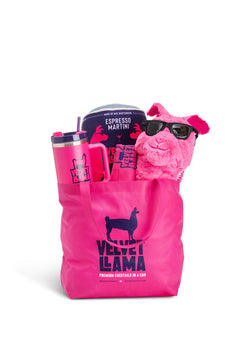 Velvet Llama tote filled with cans and merch